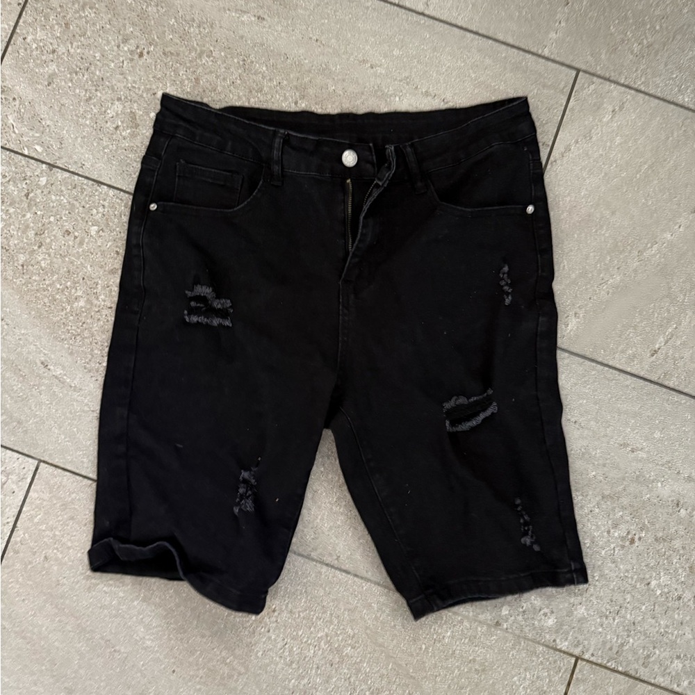 Black Distressed Denim Shorts